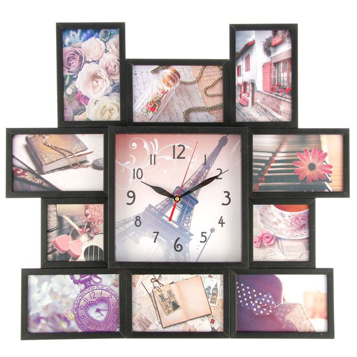 Фоторамка на 10 фото 10х10, 10х15 с часами, чёрная "Париж"