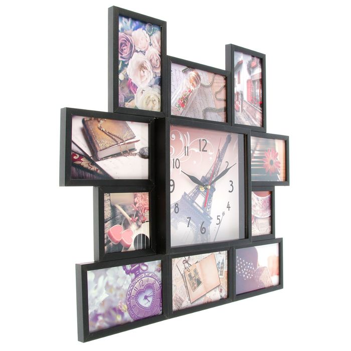 Фоторамка на 10 фото 10х10, 10х15 с часами, чёрная "Париж"