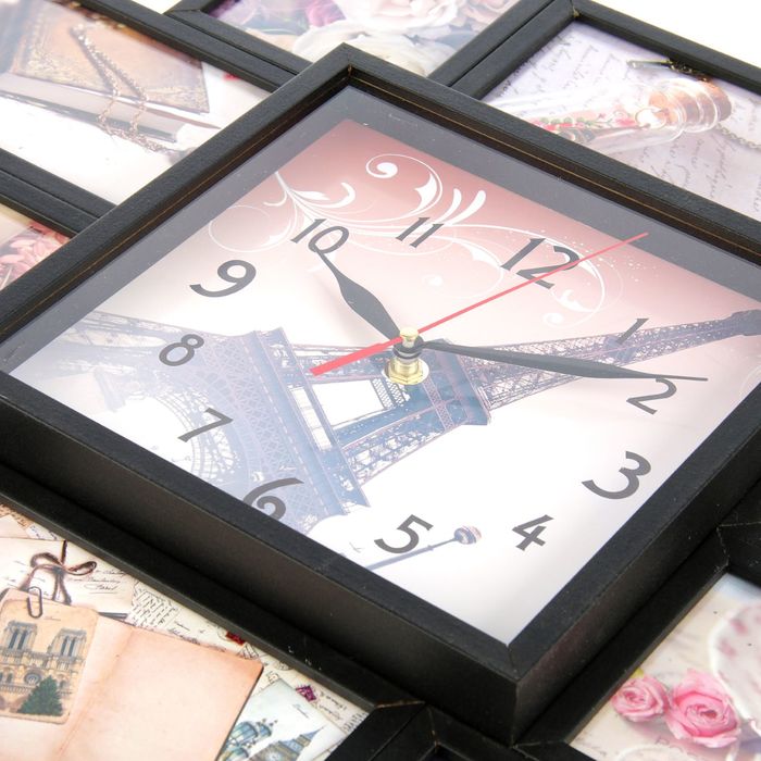 Фоторамка на 10 фото 10х10, 10х15 с часами, чёрная "Париж"