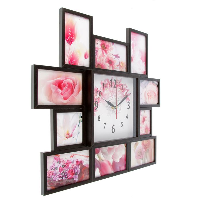 Фоторамка на 10 фото 10х10, 10х15 с часами Венге "Роза" 48х43х5 см