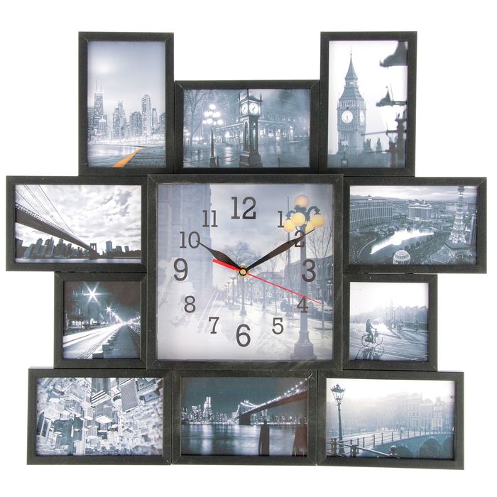 Фоторамка на 10 фото 10х10, 10х15 с часами, чёрная "Улицы" 48х43х5 см