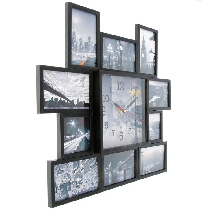 Фоторамка на 10 фото 10х10, 10х15 с часами, чёрная "Улицы" 48х43х5 см
