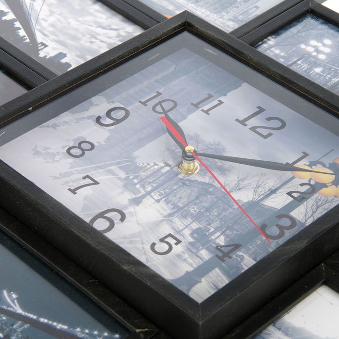 Фоторамка на 10 фото 10х10, 10х15 с часами, чёрная "Улицы" 48х43х5 см
