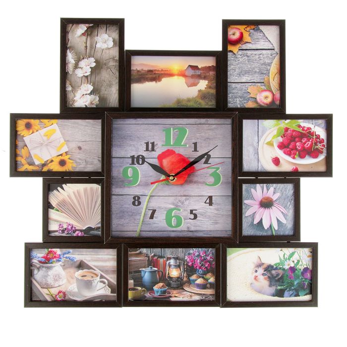 Фоторамка на 10 фото 10х10, 10х15 с часами, венге "Природа"