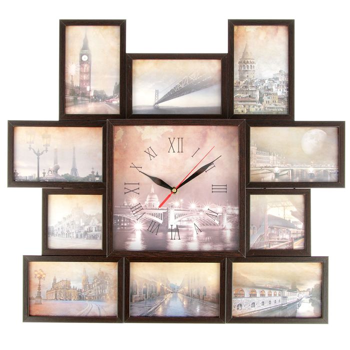 Фоторамка на 10 фото 10х10, 10х15 с часами Венге "История" 48х43х5 см