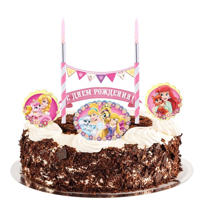 Свеча в торт Дисней "С Днем Рождения" 2 свечи, Принцессы: Ариэль, Аврора