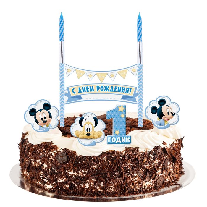 Свеча в торт Дисней "1 годик" 2 свечи, Микки Маус