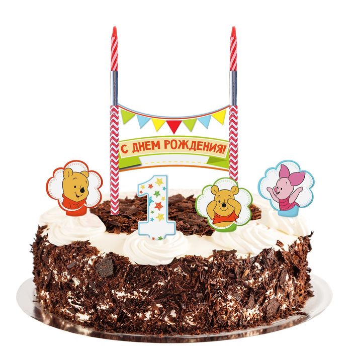 Свеча в торт Дисней "1 годик" 2 свечи, Медвежонок Винни и его друзья
