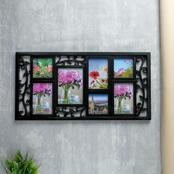 Фоторамка пластик на 7 фото 10х10 см, 10х15 см "Цветущая ветвь" черная 29х55 см