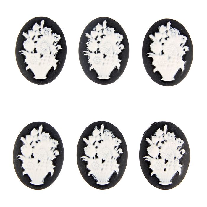 Набор камей "Корзина с цветами" набор 6 шт черно-белая 4х3 см