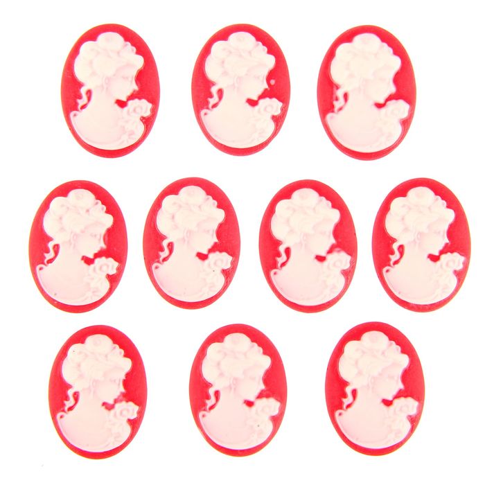 Набор камей ""Дама с цветком" набор 10 шт бело-красная 2,5х1,8 см