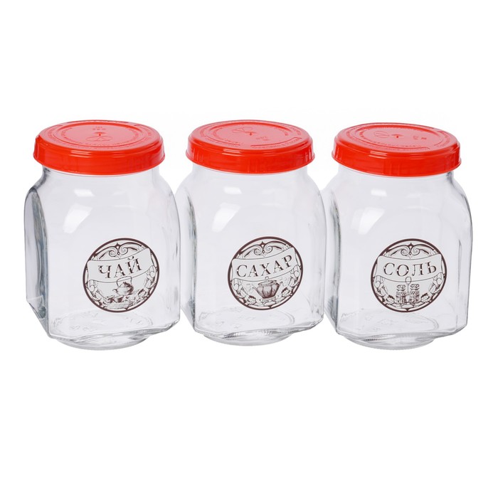 Набор банок для специй 800 мл "Сахар, чай, соль", 3 шт, цвет красный