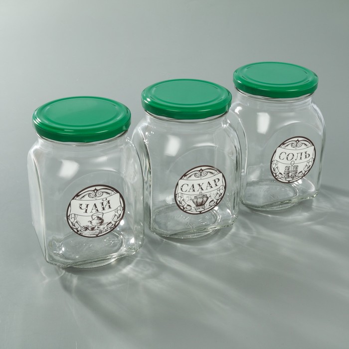 Набор банок для специй 800 мл "Сахар, чай, соль", 3 шт, цвет салатовый