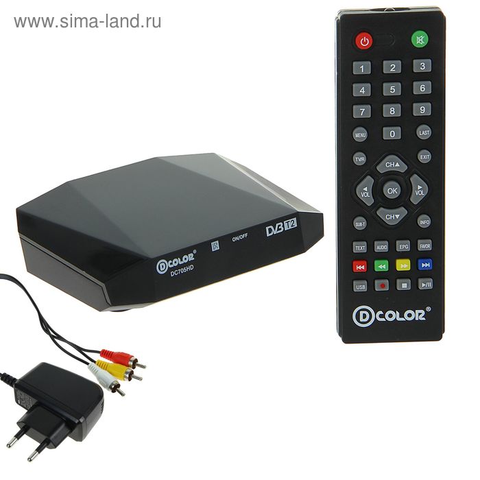 Приставка для цифрового ТВ D-COLOR DC705HD, FullHD, DVB-T2, HDMI, RCA, USB, черная
