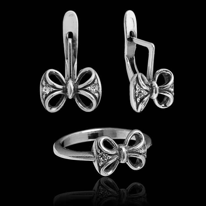 Гарнитур 2 предмета: серьги, кольцо "Жиль", размер 17, цвет белый в чернёном серебре