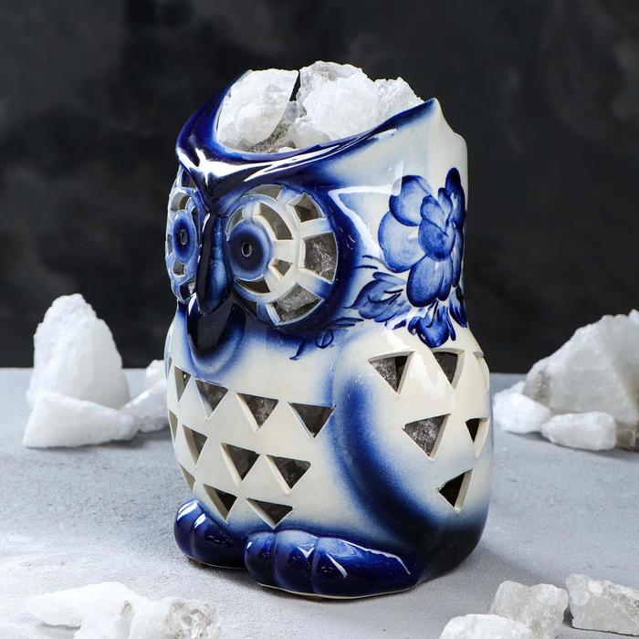 Светильник соляной "Сова", гжель, керамическое основание, 2-3 кг