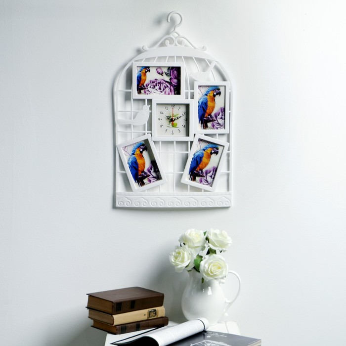 Часы настенные "Клетка", белые + 4 фоторамки 10 × 15 см