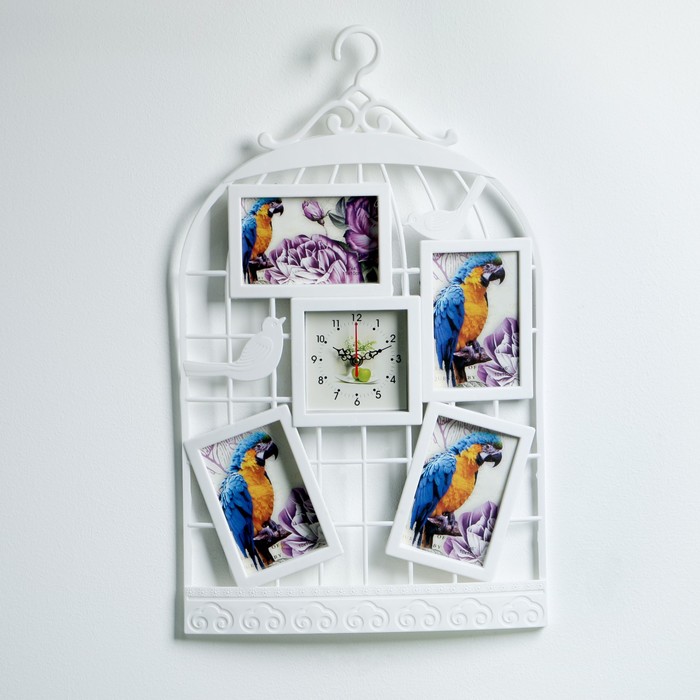 Часы настенные "Клетка", белые + 4 фоторамки 10 × 15 см