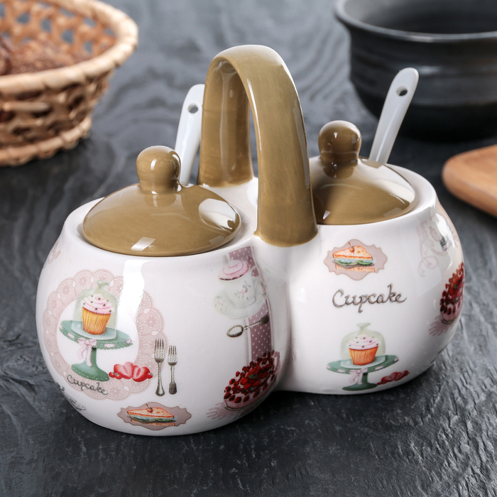 Банка для специй "Пирожное": 2 секции 200 мл, 2 ложки