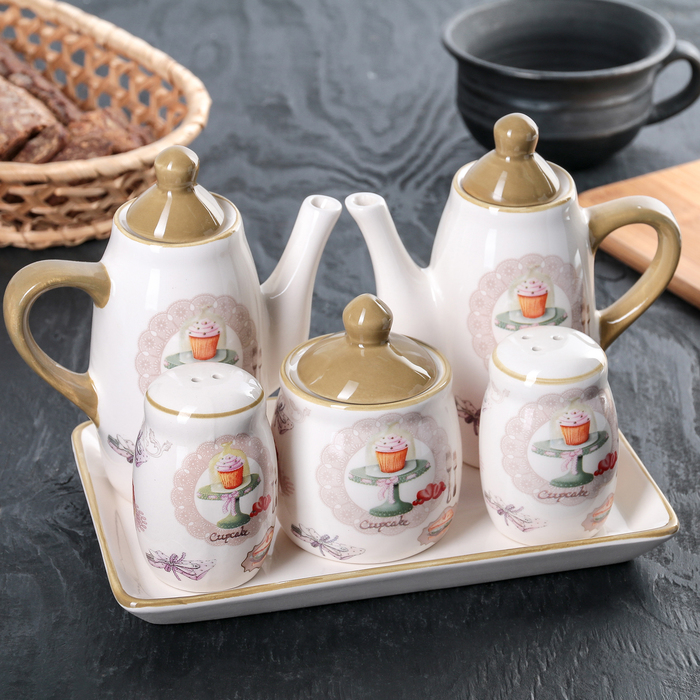 Набор для специй на подставке "Пирожное", 5 шт: соусники 250 мл, сахарница 120 мл, солонка/перечница 50 мл