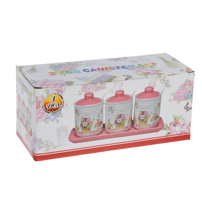 Набор банок для сыпучих продуктов 300 мл "Милена", 3 шт, с ложками, на подставке