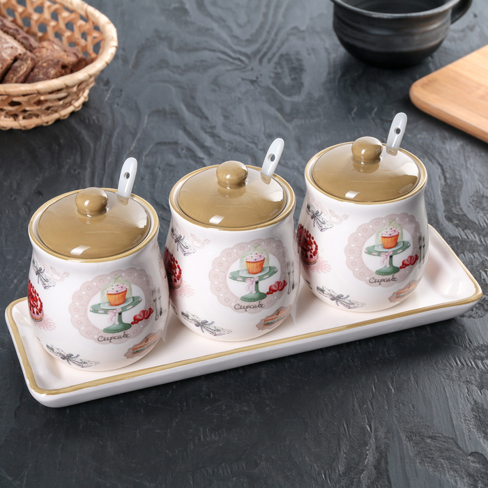 Набор банок для сыпучих продуктов 300 мл "Пирожное", 3 шт, с ложками, на подставке