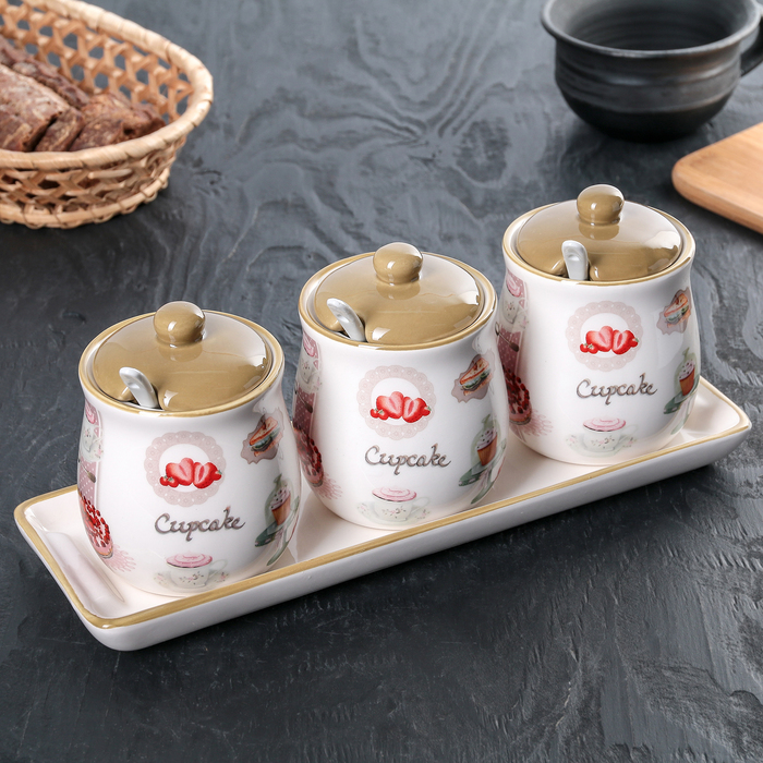 Набор банок для сыпучих продуктов 300 мл "Пирожное", 3 шт, с ложками, на подставке