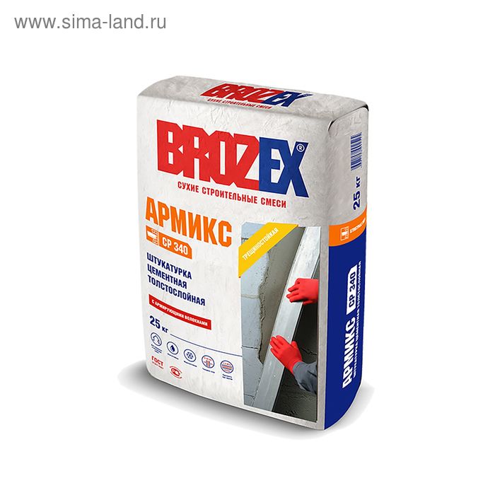Смесь штукатурная с армирующими волокнами для наружных и внутренних работ Brozex ШС-34 Армикс, 25 кг