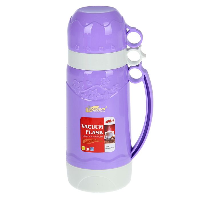 Термос с ручкой Day Days, 1 л, пробка винтовая, 2 кружки, объёмный цветочный узор, микс