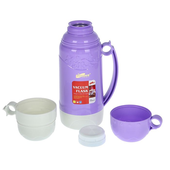 Термос с ручкой Day Days, 1 л, пробка винтовая, 2 кружки, объёмный цветочный узор, микс