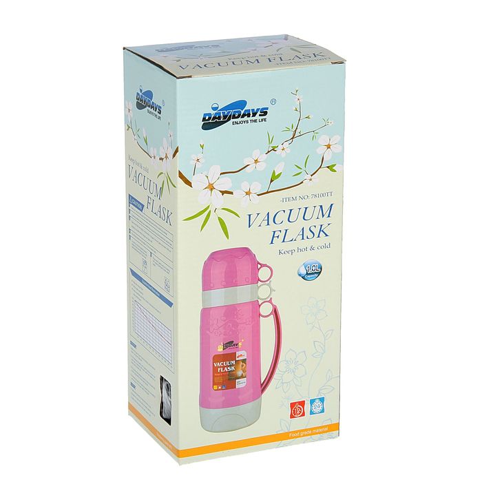 Термос с ручкой Day Days, 1 л, пробка винтовая, 2 кружки, объёмный цветочный узор, микс