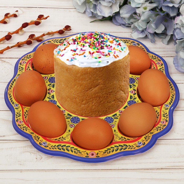 Пасхальная подставка на 8 яиц и кулич "Городецкая роспись"