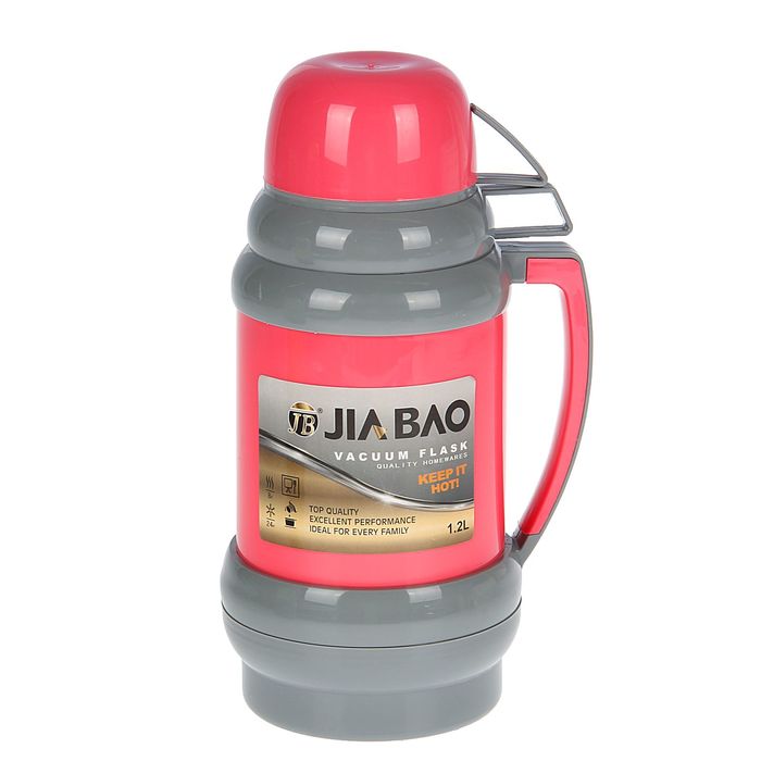 Термос с ручкой Jiabao, 1.2 л, пробка винтовая, 2 кружки, 6-8 ч, микс