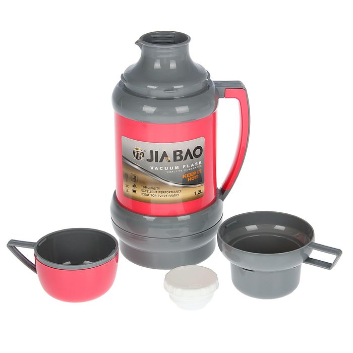 Термос с ручкой Jiabao, 1.2 л, пробка винтовая, 2 кружки, 6-8 ч, микс
