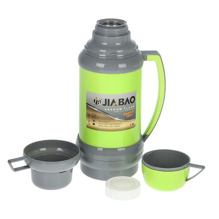 Термос с ручкой Jiabao, 1.8 л, пробка винтовая, 2 кружки, 6-8 ч, микс
