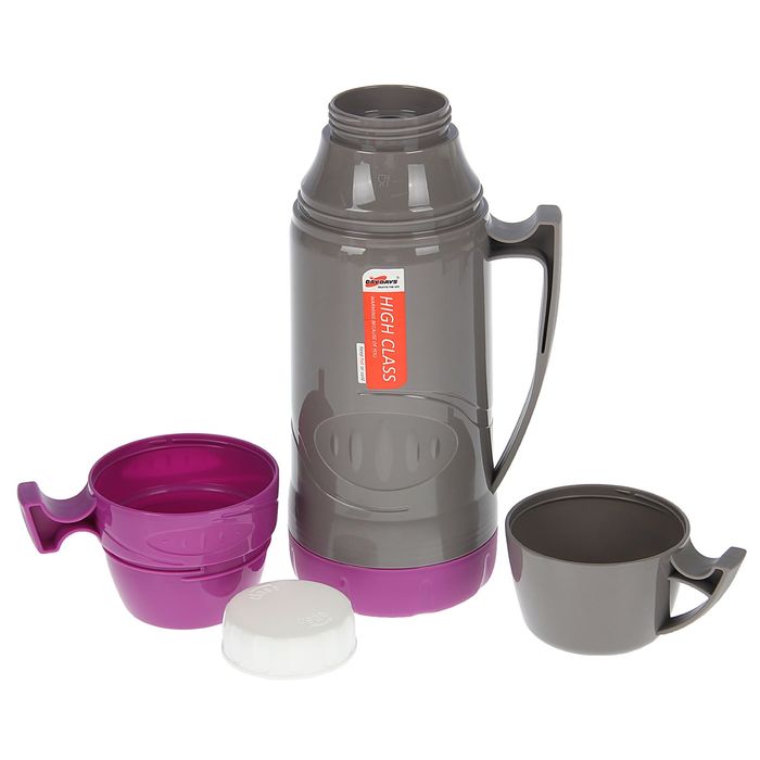 Термос 600 мл, пробка винтовая, 2 кружки, вертикальные полоски в овале, микс, 9х27 см