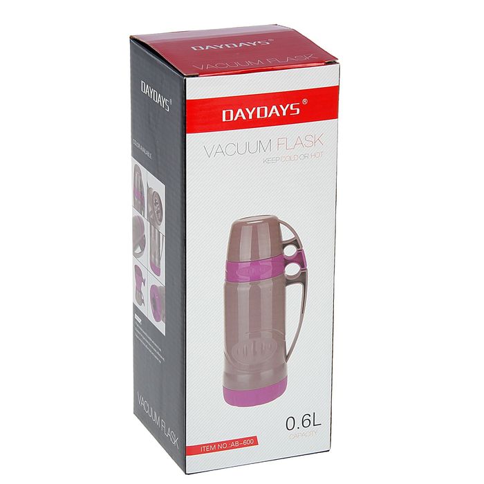 Термос 600 мл, пробка винтовая, 2 кружки, вертикальные полоски в овале, микс, 9х27 см