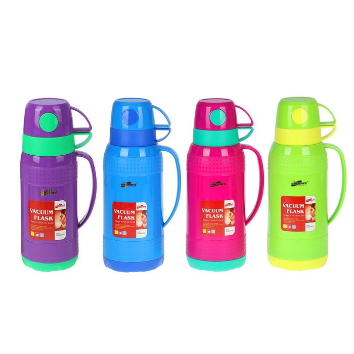 Термос питьевой с ручкой Day Days, 1 л, пробка винтовая, 2 кружки, полоска вверху в точках, микс