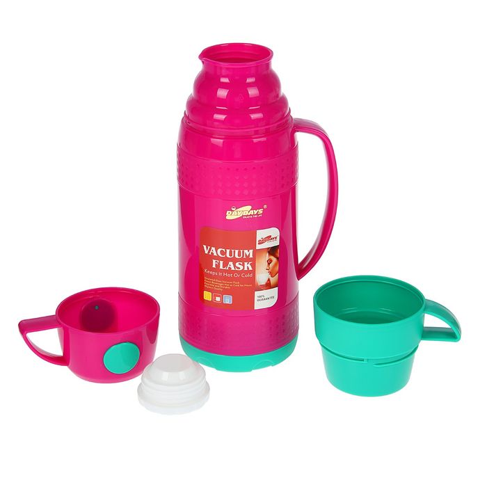 Термос питьевой с ручкой Day Days, 1 л, пробка винтовая, 2 кружки, полоска вверху в точках, микс