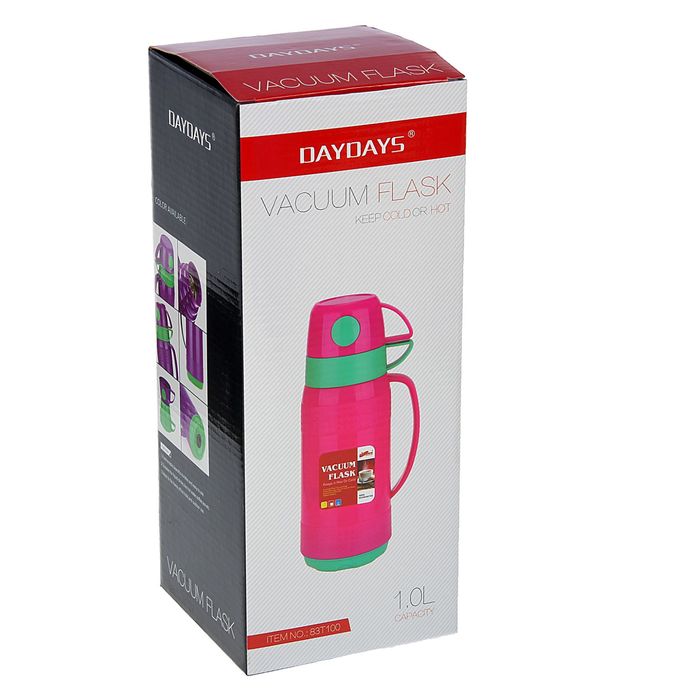 Термос питьевой с ручкой Day Days, 1 л, пробка винтовая, 2 кружки, полоска вверху в точках, микс