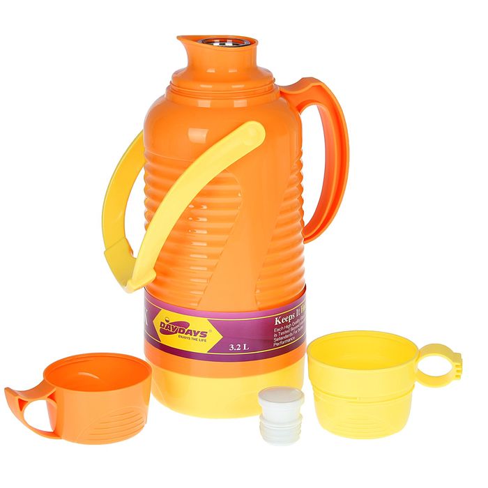 Термос с ручкой «Ребристый», 3.2 л, пробка винтовая, 2 кружки, 6-8 ч, микс