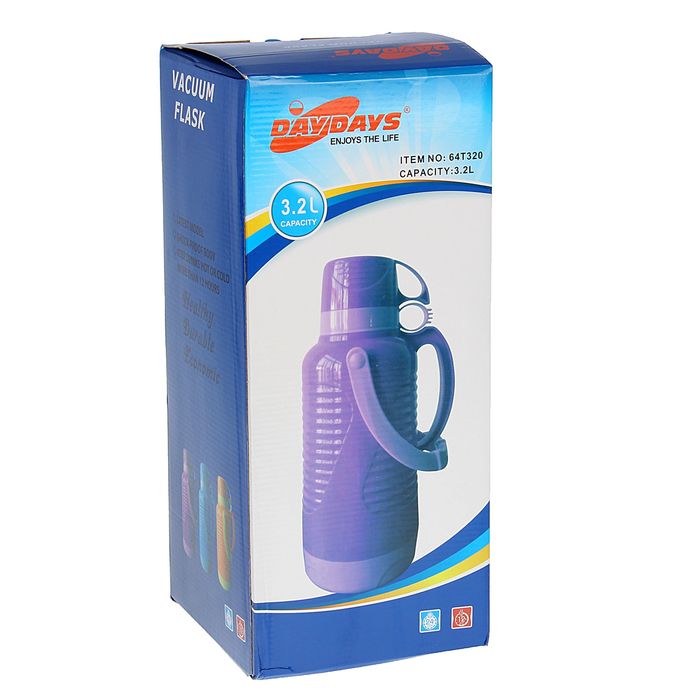 Термос с ручкой «Ребристый», 3.2 л, пробка винтовая, 2 кружки, 6-8 ч, микс