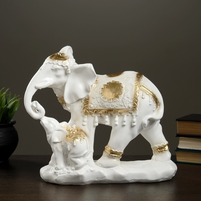 Статуэтка "Слон со слоненком", бело-золотой 15 × 30 × 26 см