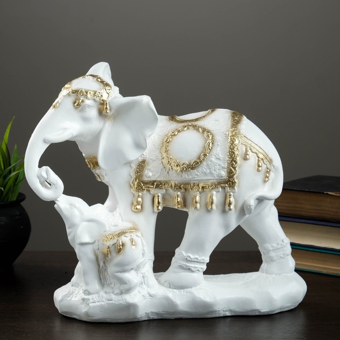 Копилка "Слон со слоненком", бело-золотой 30см