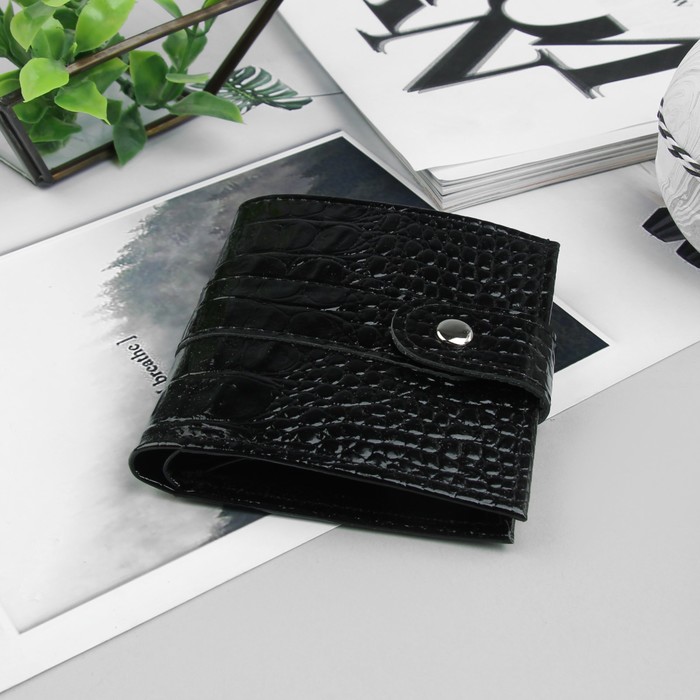 Портмоне, 2 отдела, для карт, для монет, кайман, цвет чёрный