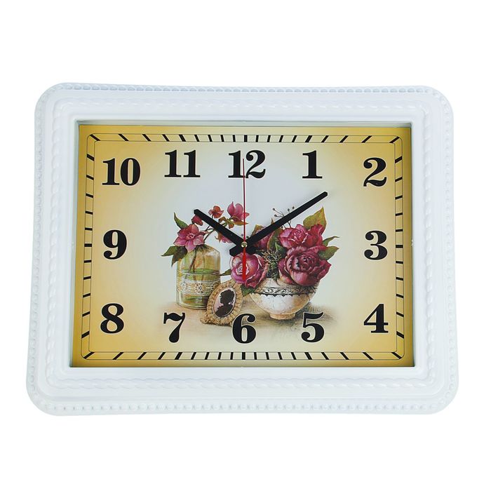 Часы настенные прямоугольные "Цветы и портрет", рама-косичка белая