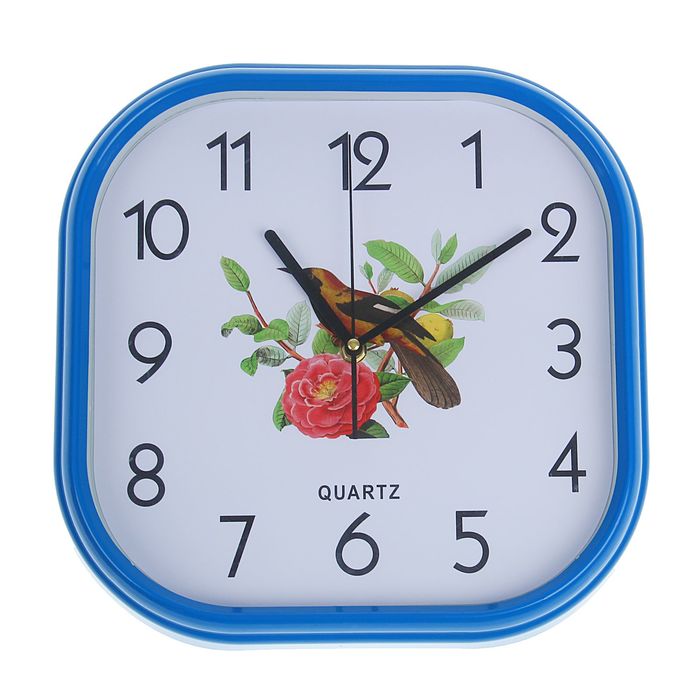 Часы настенные "Птичка на ветке", квадратные с закруглёнными углами, 30 × 30 см, рама синяя