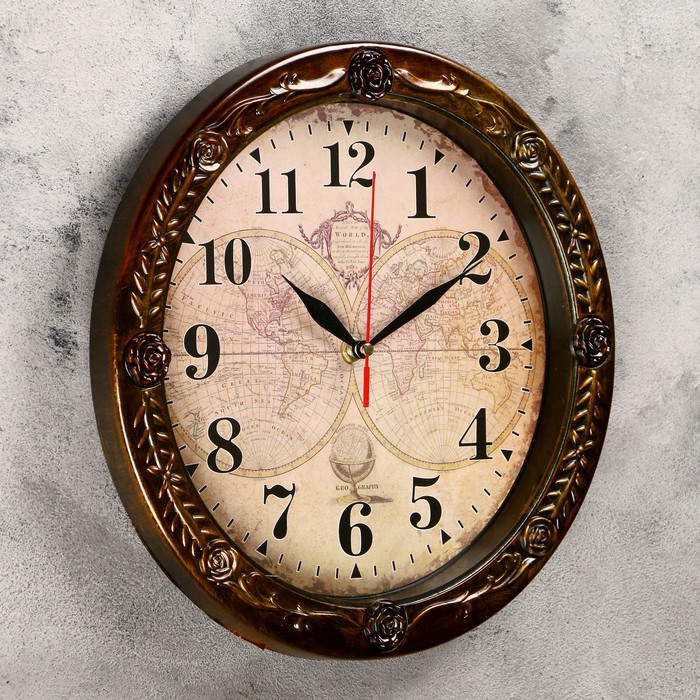 Часы настенные круглые "Карта мира", d= 29 cм, коричневая рама со вставками розы