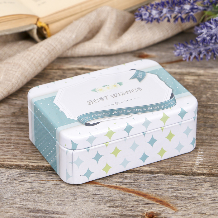 Шкатулка металл прямоугольная "Зеленые ромбики и горох" 4х10,7х7,7 см