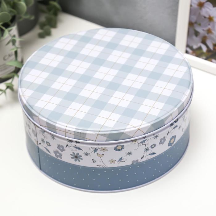 Шкатулка металл круг "Голубая клетка" 9х19,8х19,8 см